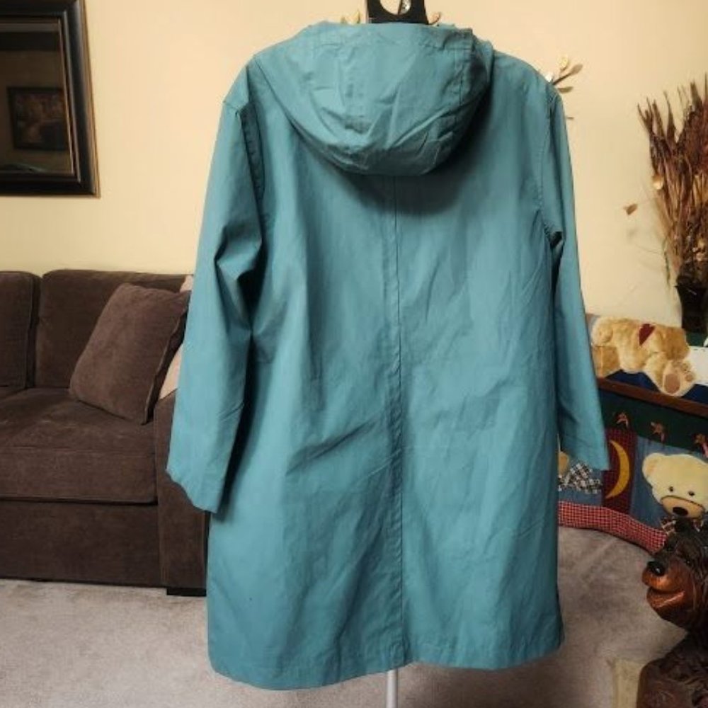 Long Teal Hooded Raincoat Jacket - Women - Picture 6 of 7